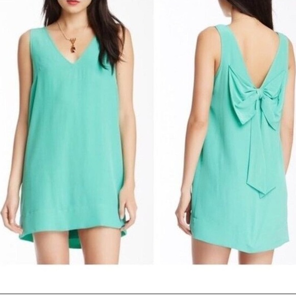 Yumi Kim Jane Sweetheart Bow Dress Teal Blue Shift Silk Mini Dress M - Picture 1 of 10